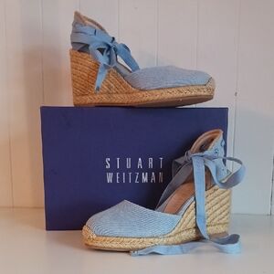 Stuart Weitzman Nib Denim Straw Wedges Sandals.